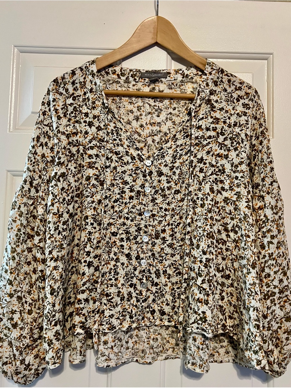 Peace & Pearls Cream Floral Shimmer Lurex Button Front Boho Blouse - Size M